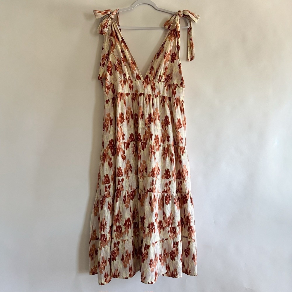 House of Harlow 1960 Linen Tiered Maxi Dress XL Ikat Revolve Tie Shoulder Travel